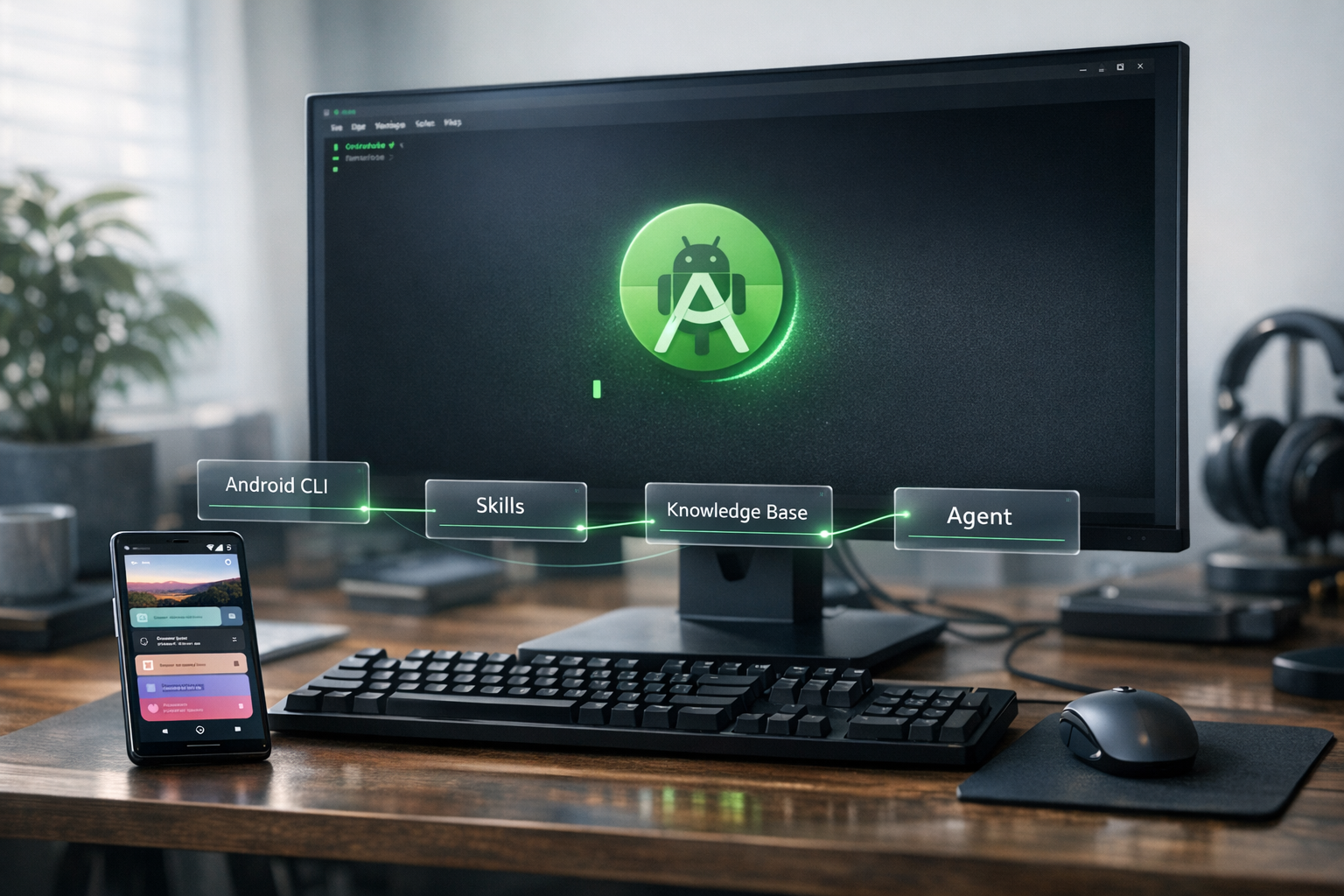 Android CLI hero — developer workstation with terminal, phone preview, and floating CLI / Skills / Knowledge Base / Agent cards
