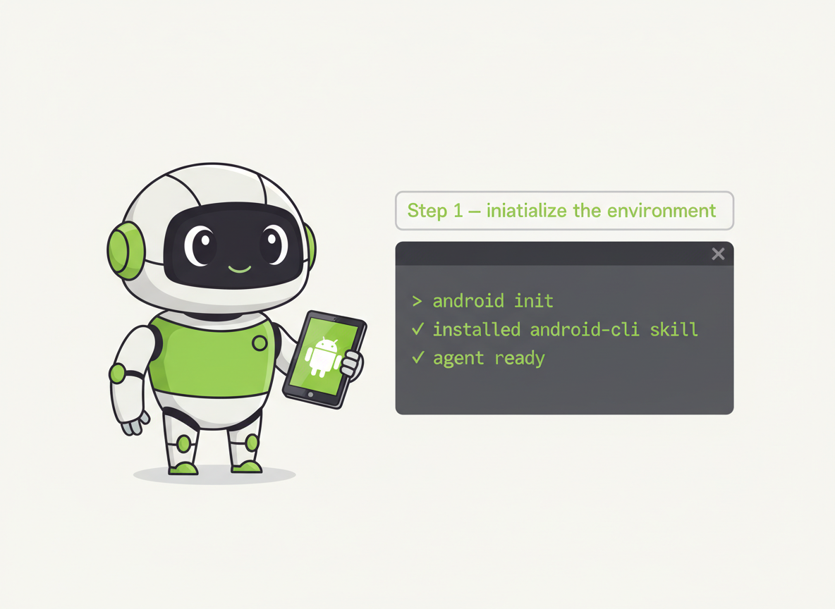 Cartoon robot with tablet and a terminal showing android init installing the android-cli skill