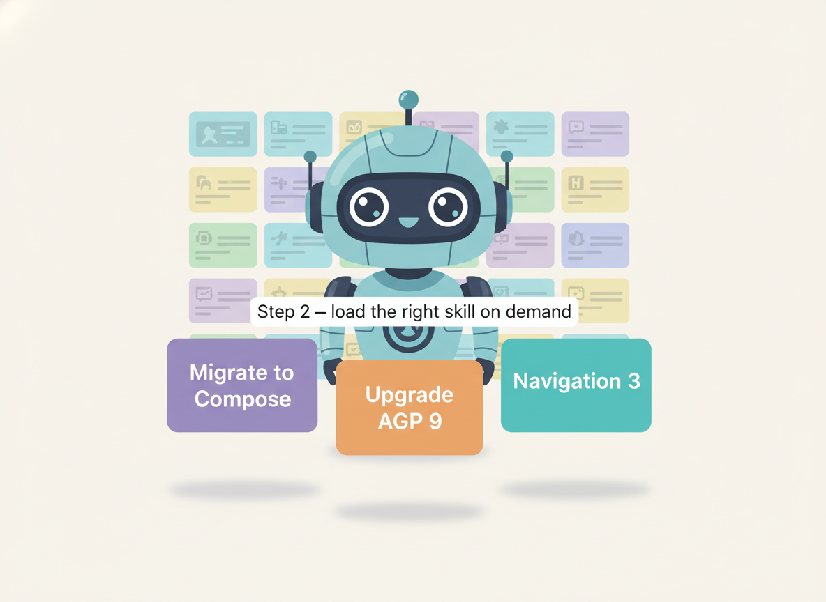 Cartoon robot in front of three floating skill cards: Migrate to Compose, Upgrade AGP 9, Navigation 3