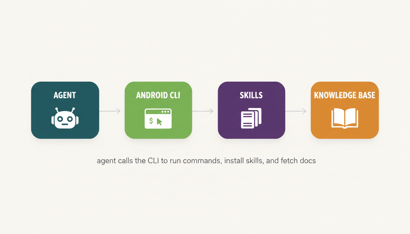 System diagram showing Agent calling Android CLI which orchestrates Skills and the Knowledge Base